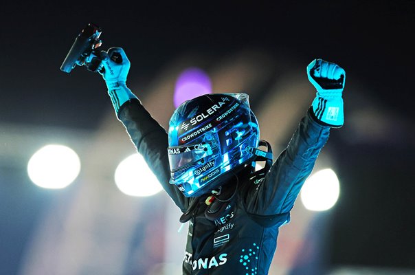 George Russell Great Britain & Mercedes celebrates Singapore Grand Prix 2025