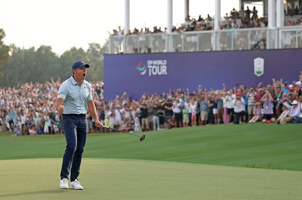 Rory McIlroy celebrates Eagle putt 18th green World Tour Championship 2025