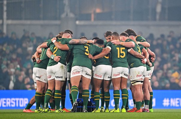 South Africa team huddle v Ireland Autumn Nations Series Dublin 2025