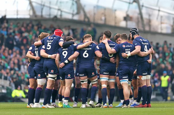 Scotland team huddle v Ireland Aviva Stadium Dublin Six Nations 2026