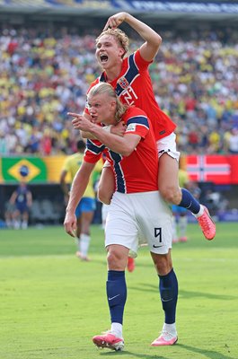 Erling Haaland Norway celebrates 2nd goal v Brazil Last 16 World Cup 2026