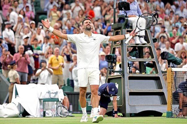Novak Djokovic celebrates marathon win v Felix Auger-Aliassime Wimbledon 2026