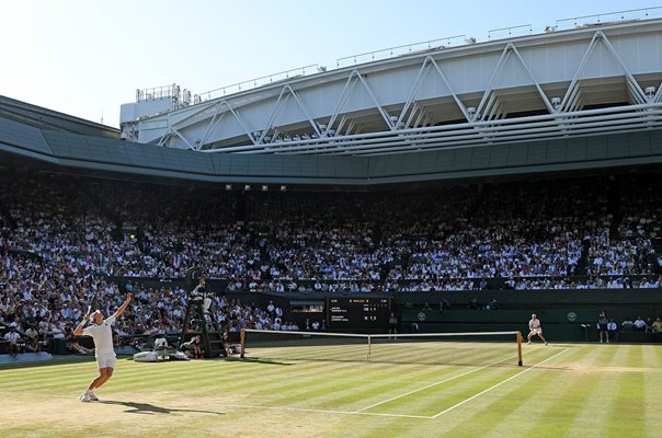 Jannik Sinner Italy serves v Alexander Zverev Germany Centre Court Wimbledon Final 2026